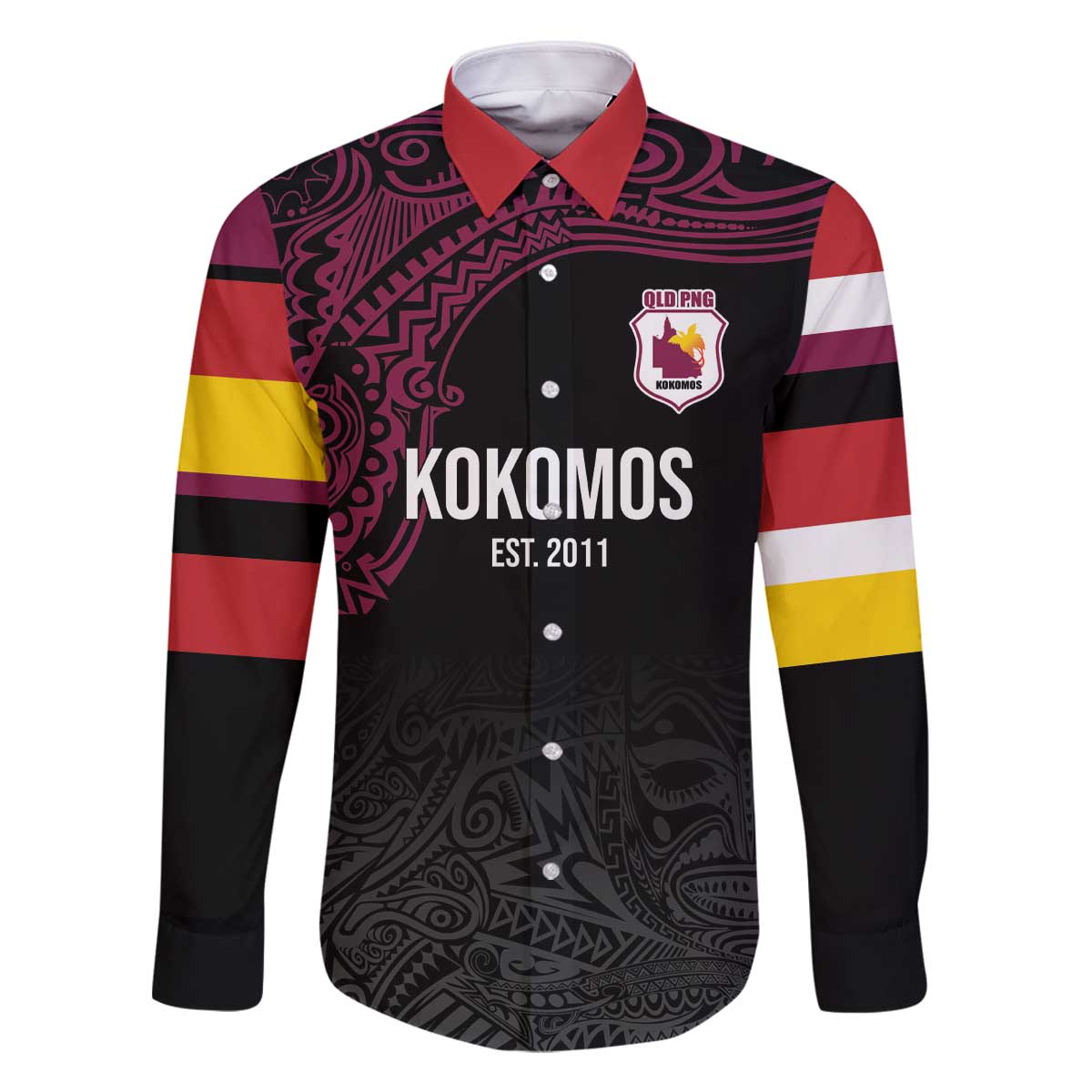 Queensland Papua New Guinea Custom Family Matching Off The Shoulder Long Sleeve Dress and Hawaiian Shirt All Black Pacific PNG Tribal Style LT9 Dad's Shirt - Long Sleeve Black - Polynesian Pride