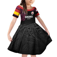 Queensland Papua New Guinea Custom Family Matching Off Shoulder Short Dress and Hawaiian Shirt All Black Pacific PNG Tribal Style LT9 Daughter's Dress Black - Polynesian Pride