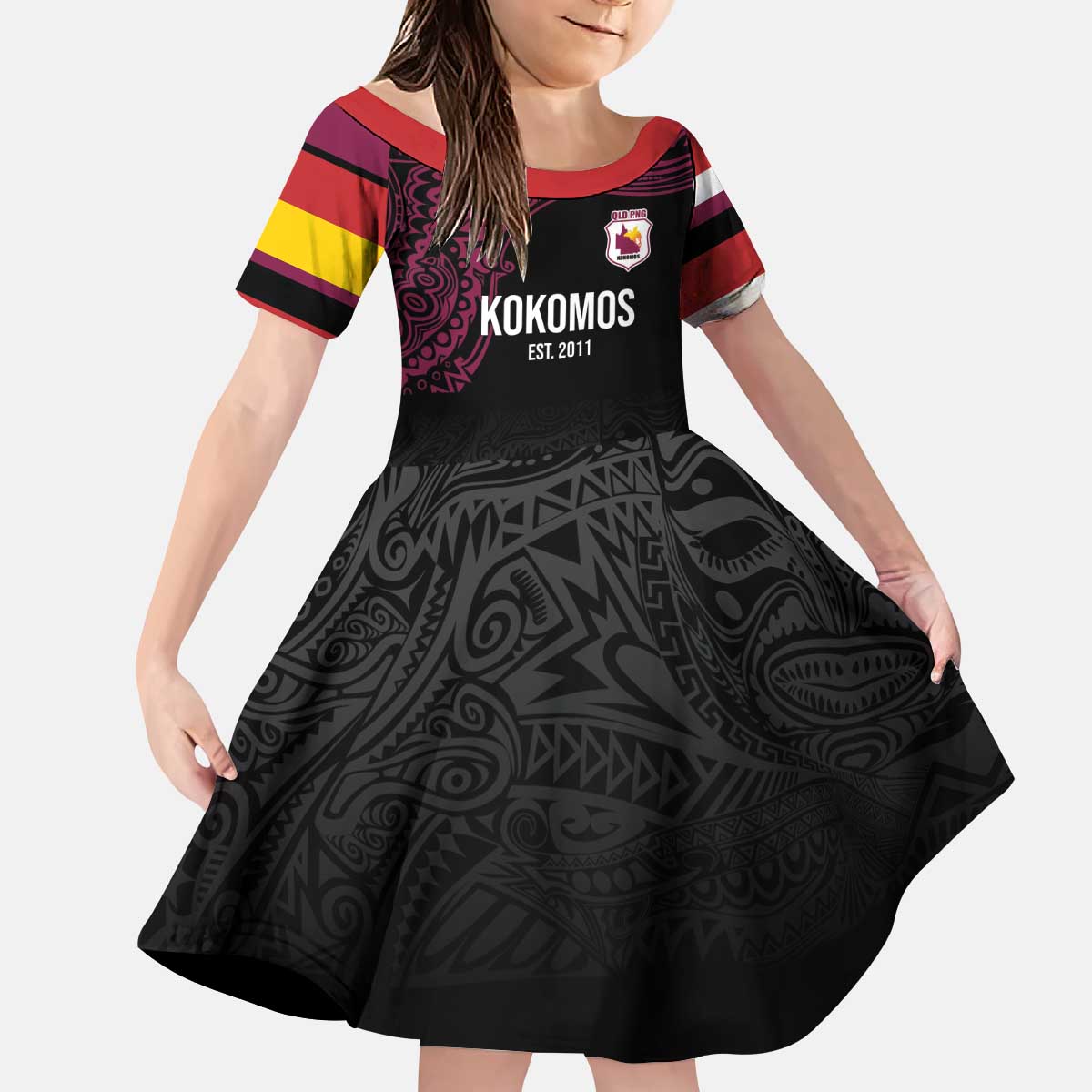Queensland Papua New Guinea Custom Kid Short Sleeve Dress All Black Pacific PNG Tribal Style LT9 KID Black - Polynesian Pride
