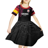 Queensland Papua New Guinea Custom Kid Short Sleeve Dress All Black Pacific PNG Tribal Style LT9 - Polynesian Pride
