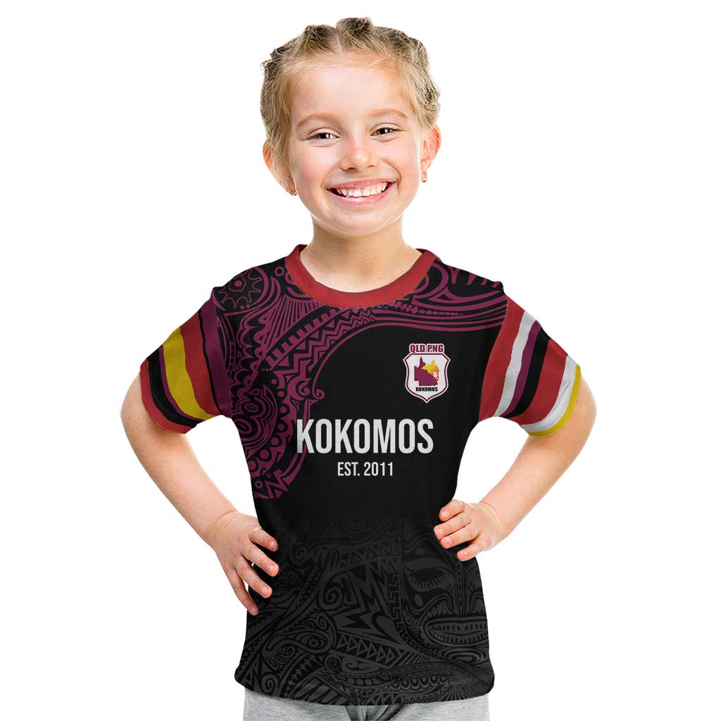 Queensland Papua New Guinea Custom Kid T Shirt All Black Pacific PNG Tribal Style LT9 Black - Polynesian Pride