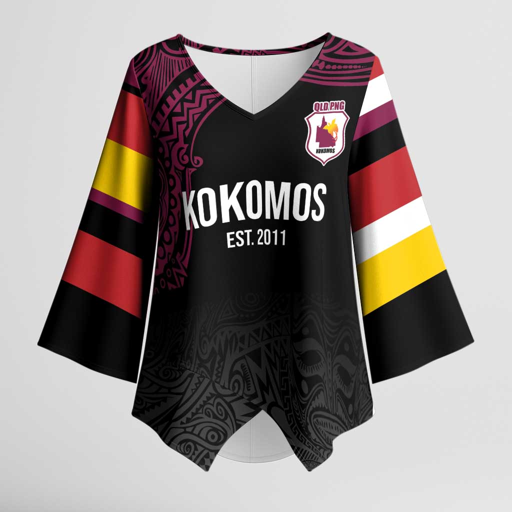 Queensland Papua New Guinea Custom Kimono Sleeve Blouse All Black Pacific PNG Tribal Style - Polynesian Pride