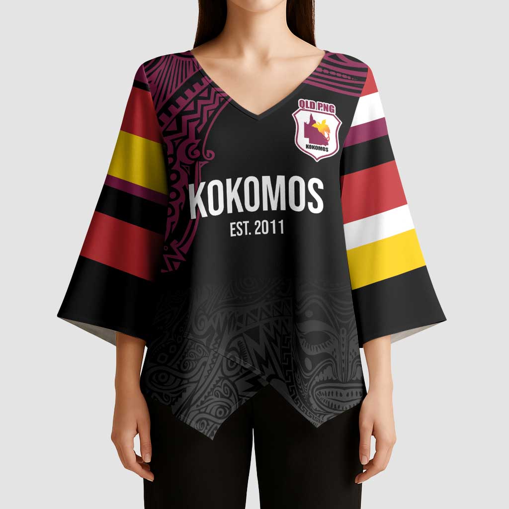 Queensland Papua New Guinea Custom Kimono Sleeve Blouse All Black Pacific PNG Tribal Style LT9 - Polynesian Pride