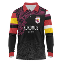 Queensland Papua New Guinea Custom Long Sleeve Polo Shirt All Black Pacific PNG Tribal Style LT9 Black - Polynesian Pride