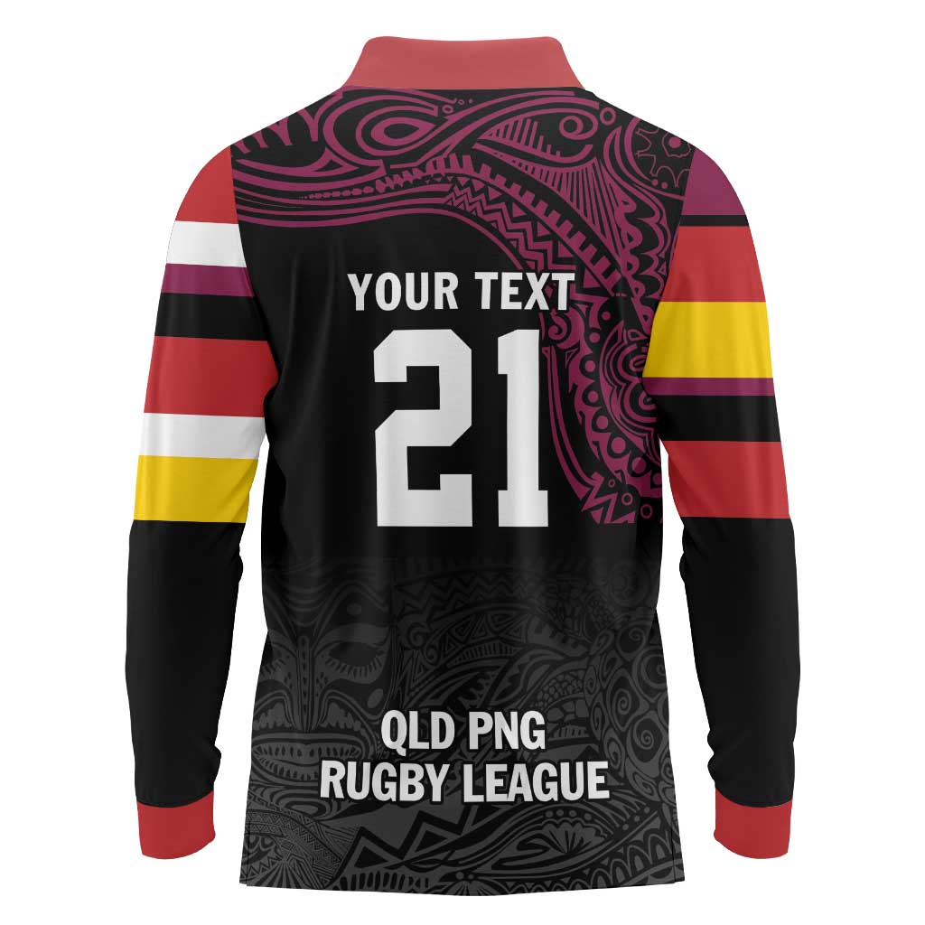 Queensland Papua New Guinea Custom Long Sleeve Polo Shirt All Black Pacific PNG Tribal Style LT9 - Polynesian Pride