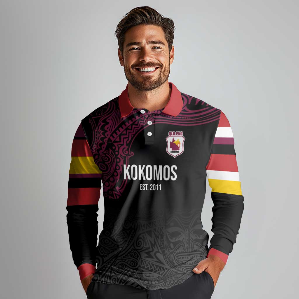 Queensland Papua New Guinea Custom Long Sleeve Polo Shirt All Black Pacific PNG Tribal Style LT9 - Polynesian Pride
