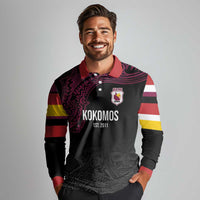 Queensland Papua New Guinea Custom Long Sleeve Polo Shirt All Black Pacific PNG Tribal Style LT9 - Polynesian Pride