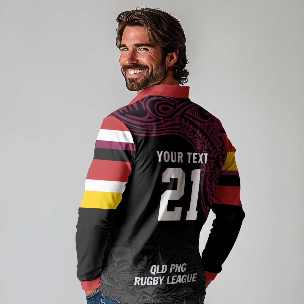 Queensland Papua New Guinea Custom Long Sleeve Polo Shirt All Black Pacific PNG Tribal Style LT9 - Polynesian Pride