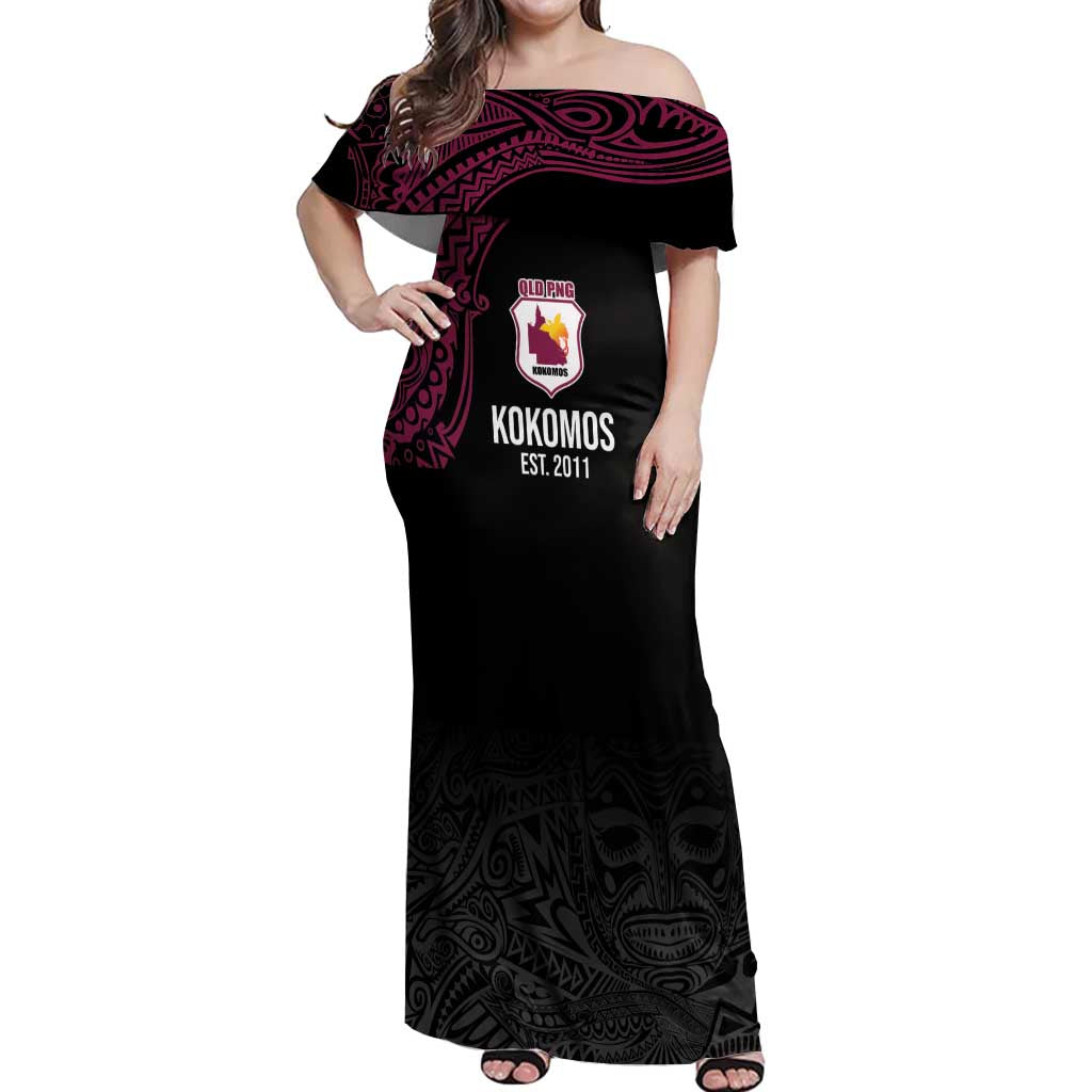 Queensland Papua New Guinea Custom Off Shoulder Maxi Dress All Black Pacific PNG Tribal Style LT9 Women Black - Polynesian Pride