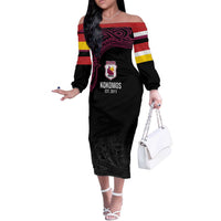 Queensland Papua New Guinea Custom Off The Shoulder Long Sleeve Dress All Black Pacific PNG Tribal Style LT9 Women Black - Polynesian Pride