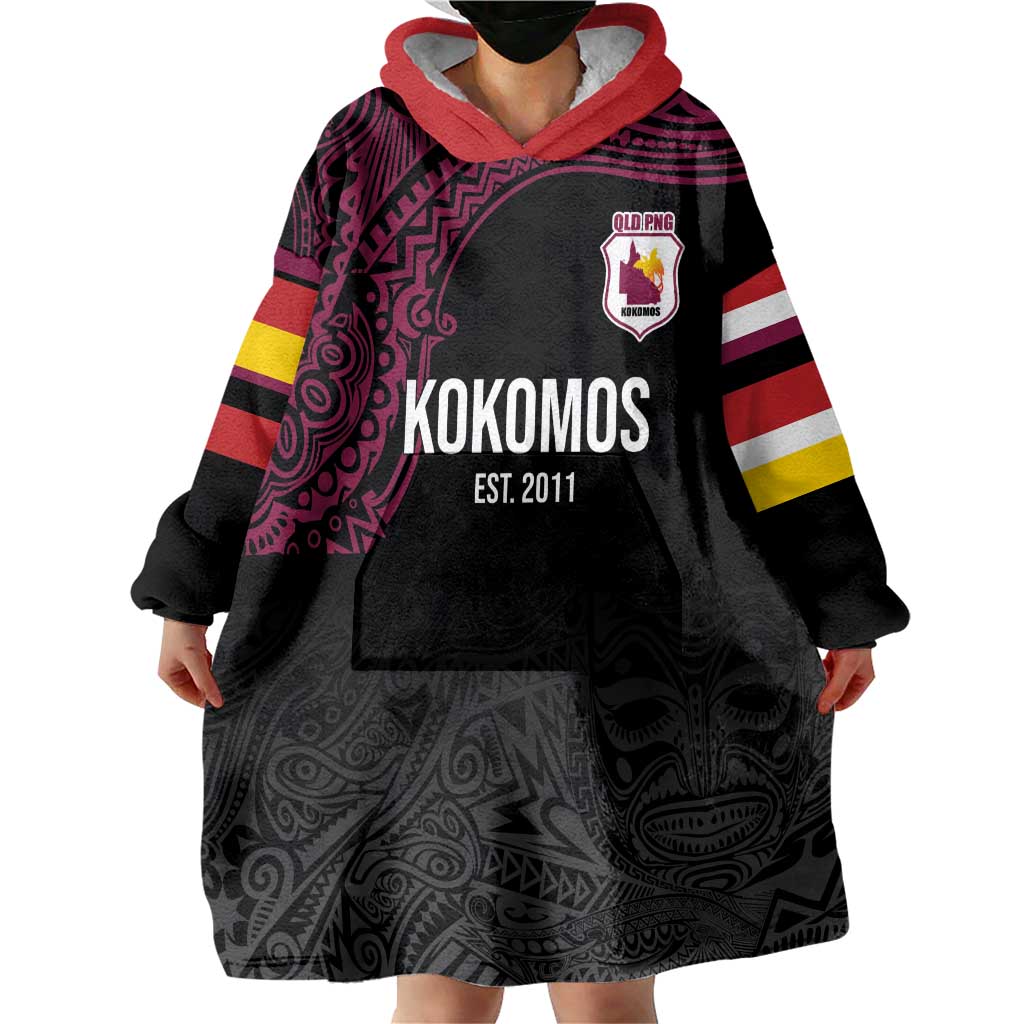 Queensland Papua New Guinea Custom Wearable Blanket Hoodie All Black Pacific PNG Tribal Style LT9 - Polynesian Pride