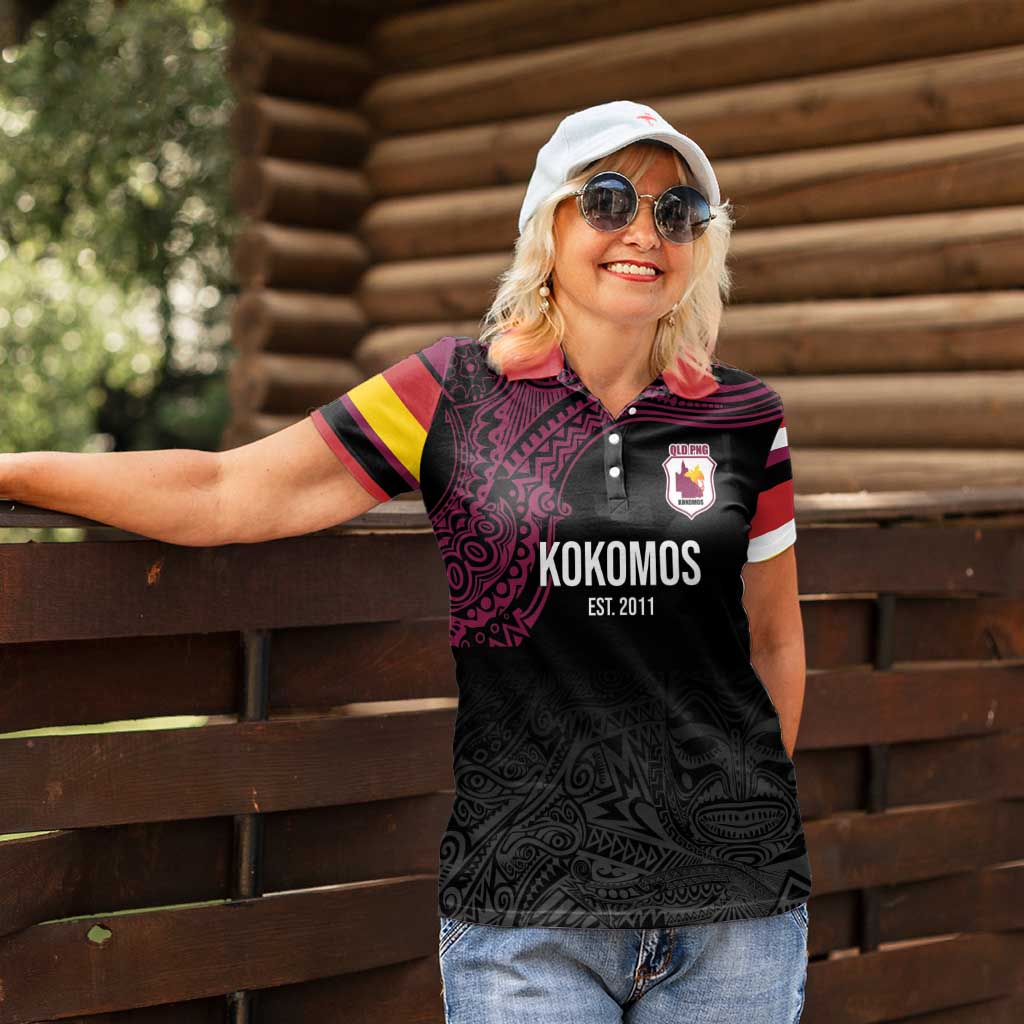 Queensland Papua New Guinea Custom Women Polo Shirt All Black Pacific PNG Tribal Style LT9 - Polynesian Pride