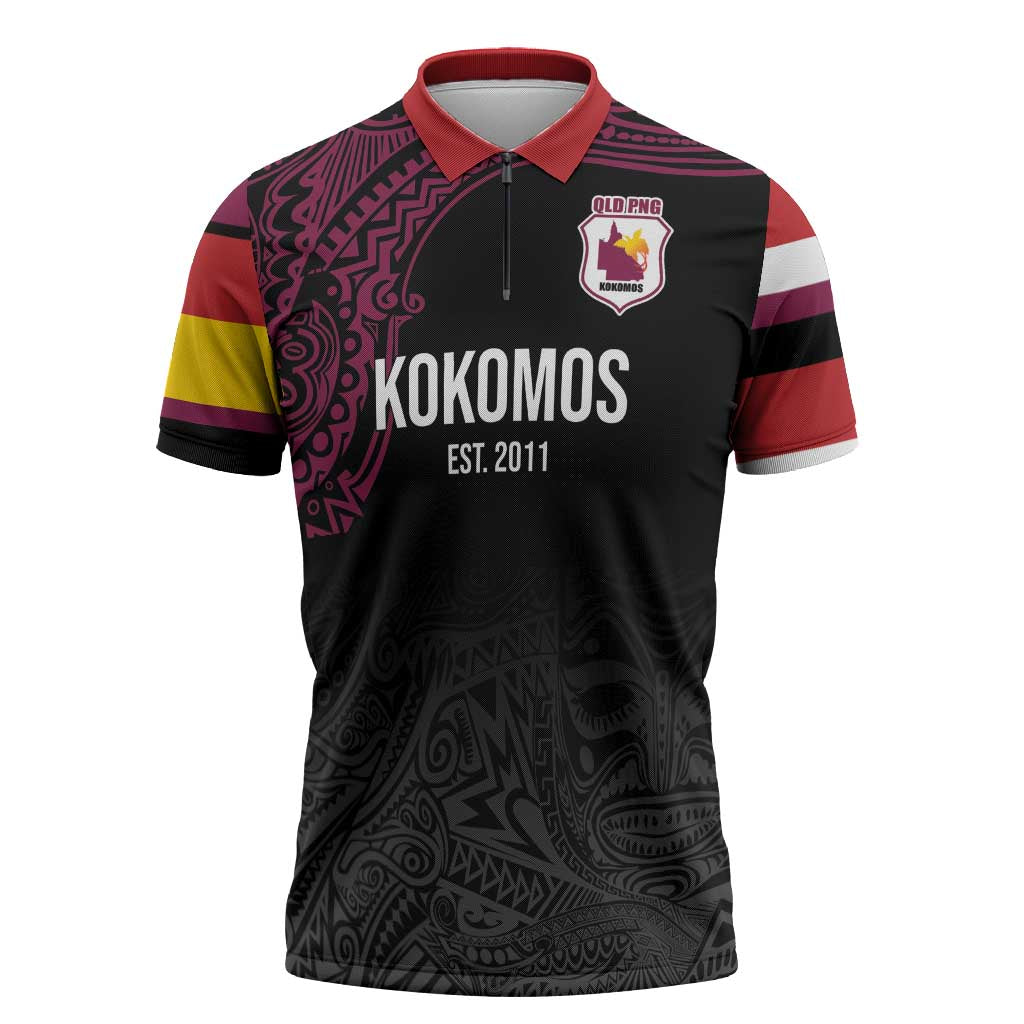 Queensland Papua New Guinea Custom Zipper Polo Shirt All Black Pacific PNG Tribal Style - Polynesian Pride