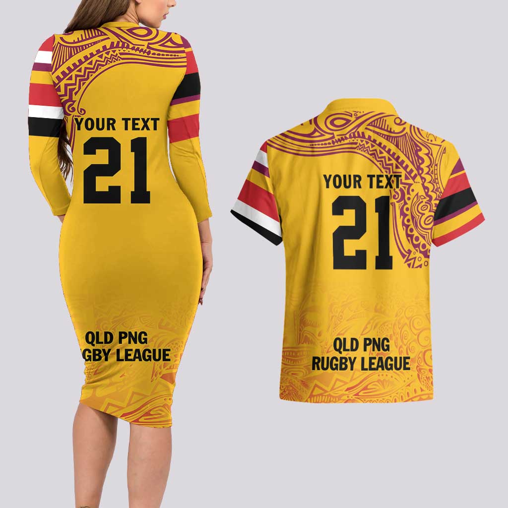 Queensland Papua New Guinea Custom Couples Matching Long Sleeve Bodycon Dress and Hawaiian Shirt All Gold Pacific PNG Tribal Style LT9 - Polynesian Pride