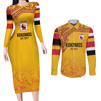 Queensland Papua New Guinea Custom Couples Matching Long Sleeve Bodycon Dress and Long Sleeve Button Shirt All Gold Pacific PNG Tribal Style LT9 Gold - Polynesian Pride