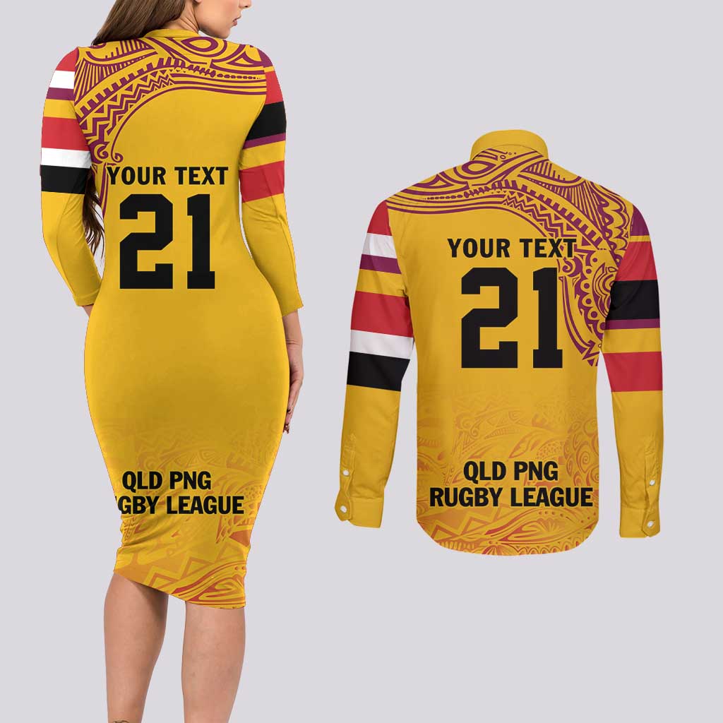 Queensland Papua New Guinea Custom Couples Matching Long Sleeve Bodycon Dress and Long Sleeve Button Shirt All Gold Pacific PNG Tribal Style LT9 - Polynesian Pride
