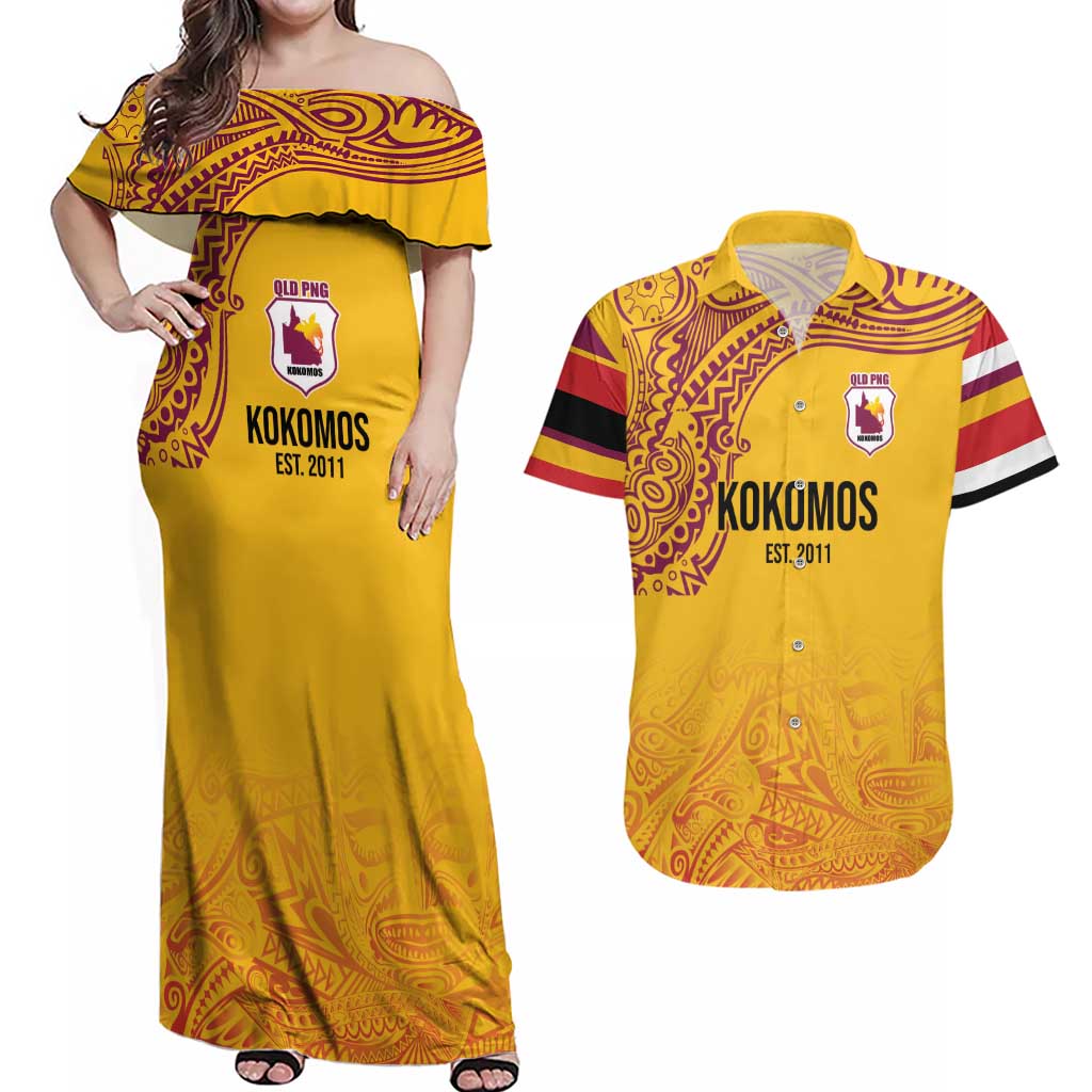 Queensland Papua New Guinea Custom Couples Matching Off Shoulder Maxi Dress and Hawaiian Shirt All Gold Pacific PNG Tribal Style LT9 Gold - Polynesian Pride