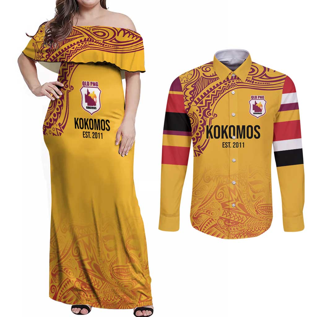 Queensland Papua New Guinea Custom Couples Matching Off Shoulder Maxi Dress and Long Sleeve Button Shirt All Gold Pacific PNG Tribal Style LT9 Gold - Polynesian Pride