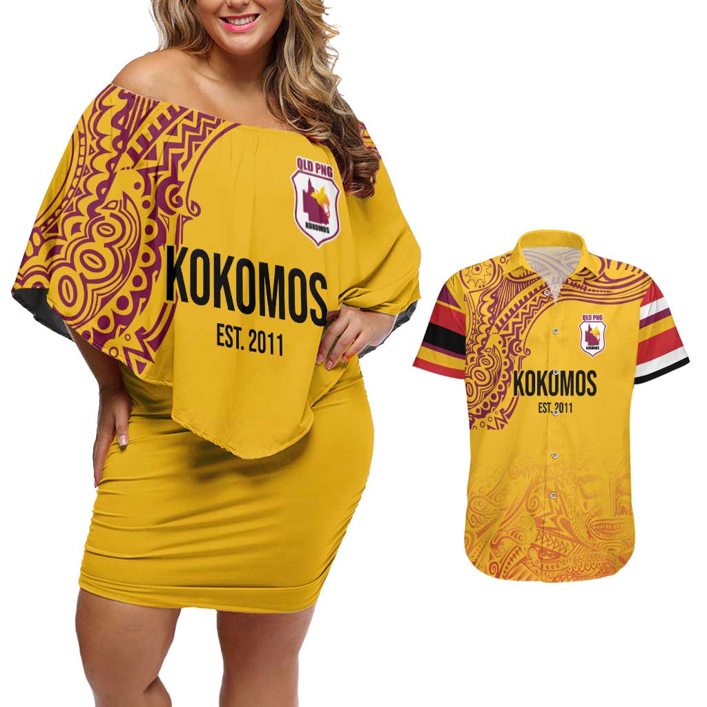 Queensland Papua New Guinea Custom Couples Matching Off Shoulder Short Dress and Hawaiian Shirt All Gold Pacific PNG Tribal Style LT9 Gold - Polynesian Pride