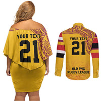 Queensland Papua New Guinea Custom Couples Matching Off Shoulder Short Dress and Long Sleeve Button Shirt All Gold Pacific PNG Tribal Style LT9 - Polynesian Pride