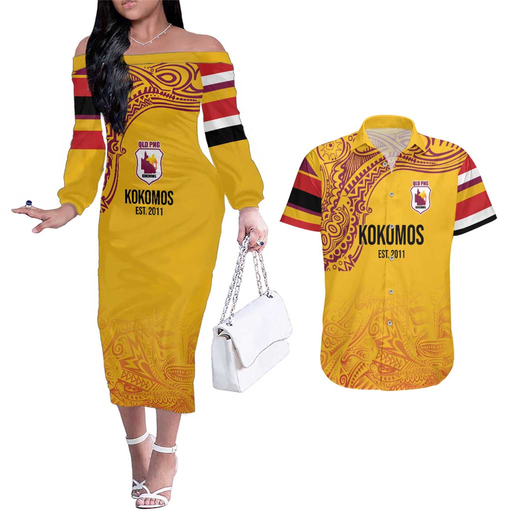 Queensland Papua New Guinea Custom Couples Matching Off The Shoulder Long Sleeve Dress and Hawaiian Shirt All Gold Pacific PNG Tribal Style LT9 Gold - Polynesian Pride