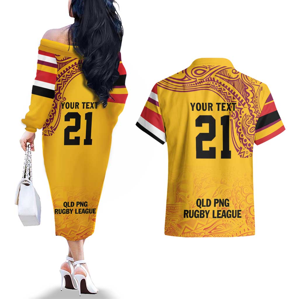 Queensland Papua New Guinea Custom Couples Matching Off The Shoulder Long Sleeve Dress and Hawaiian Shirt All Gold Pacific PNG Tribal Style LT9 - Polynesian Pride