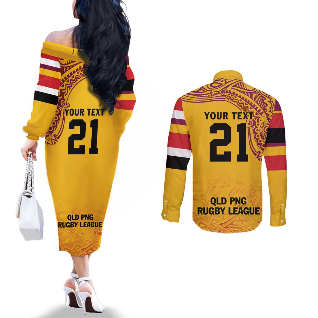 Queensland Papua New Guinea Custom Couples Matching Off The Shoulder Long Sleeve Dress and Long Sleeve Button Shirt All Gold Pacific PNG Tribal Style LT9 - Polynesian Pride