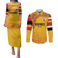 Queensland Papua New Guinea Custom Couples Matching Puletasi and Long Sleeve Button Shirt All Gold Pacific PNG Tribal Style LT9 Gold - Polynesian Pride