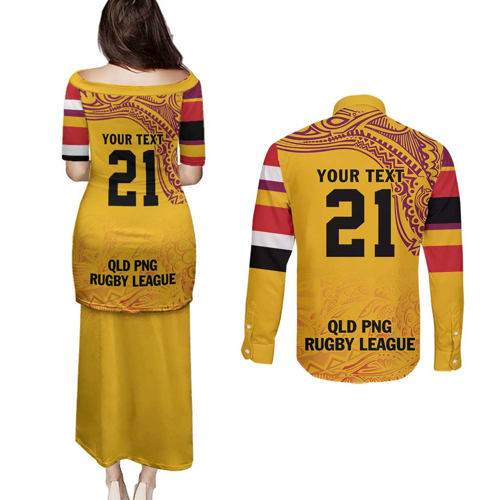 Queensland Papua New Guinea Custom Couples Matching Puletasi and Long Sleeve Button Shirt All Gold Pacific PNG Tribal Style LT9 - Polynesian Pride