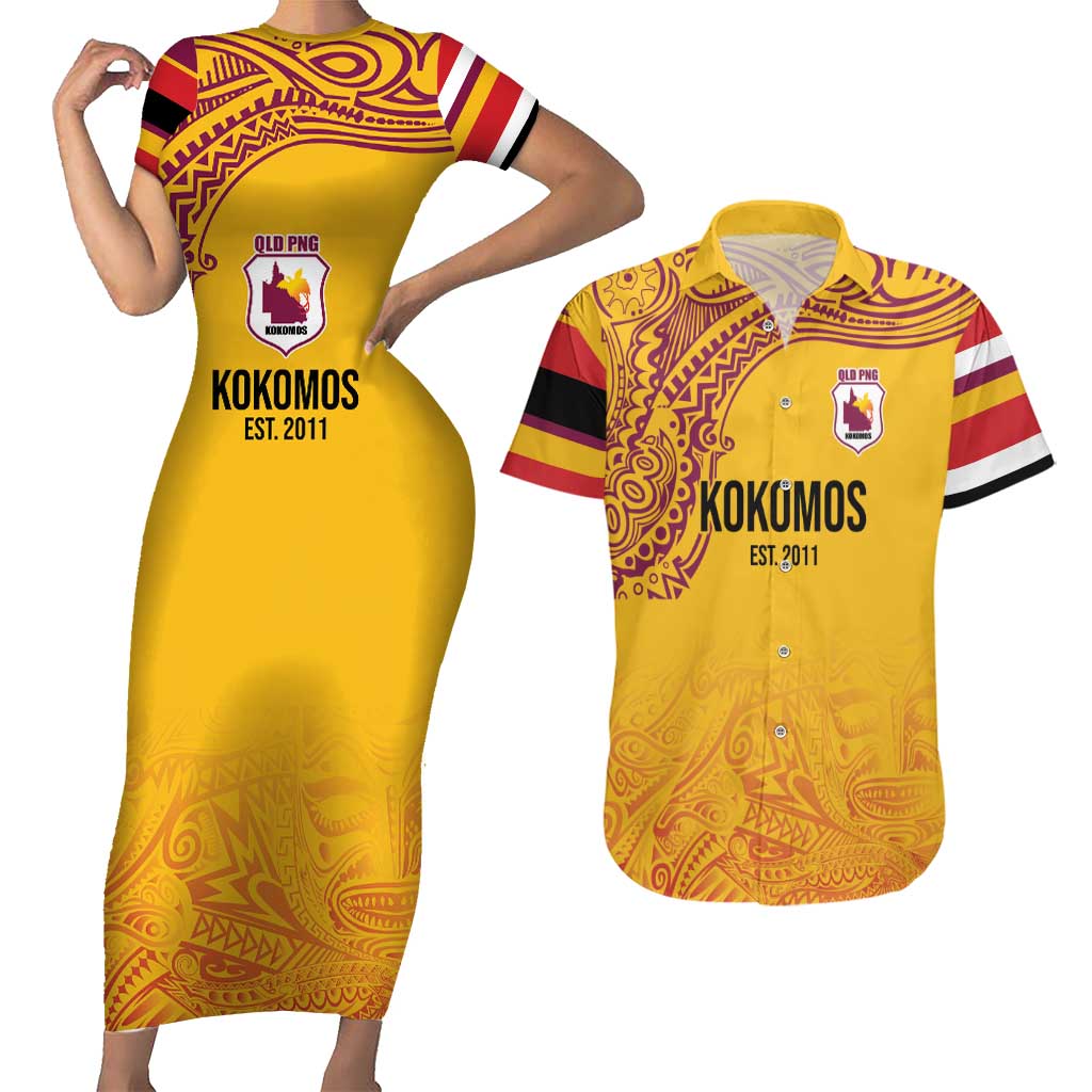Queensland Papua New Guinea Custom Couples Matching Short Sleeve Bodycon Dress and Hawaiian Shirt All Gold Pacific PNG Tribal Style LT9 Gold - Polynesian Pride