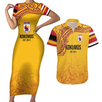 Queensland Papua New Guinea Custom Couples Matching Short Sleeve Bodycon Dress and Hawaiian Shirt All Gold Pacific PNG Tribal Style LT9 Gold - Polynesian Pride