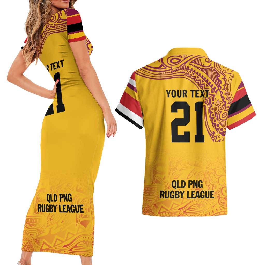 Queensland Papua New Guinea Custom Couples Matching Short Sleeve Bodycon Dress and Hawaiian Shirt All Gold Pacific PNG Tribal Style LT9 - Polynesian Pride