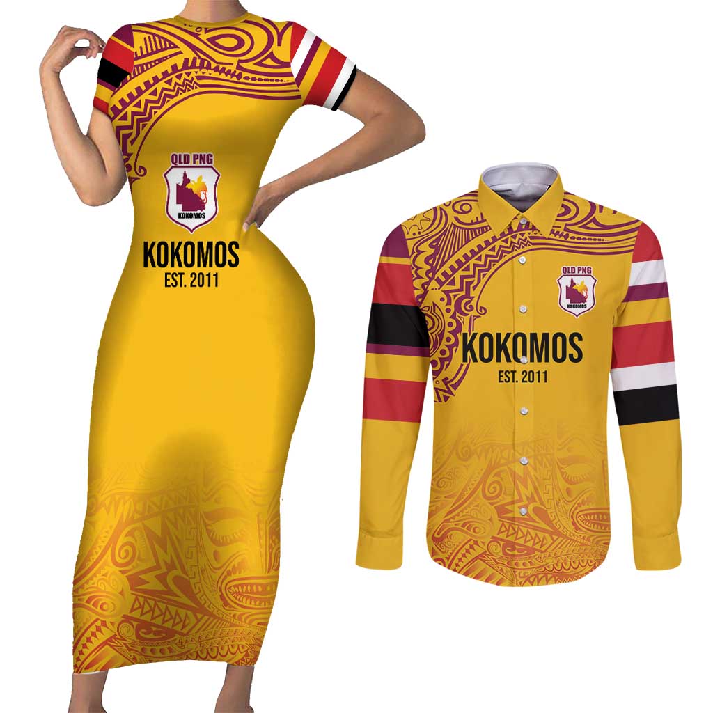 Queensland Papua New Guinea Custom Couples Matching Short Sleeve Bodycon Dress and Long Sleeve Button Shirt All Gold Pacific PNG Tribal Style LT9 Gold - Polynesian Pride