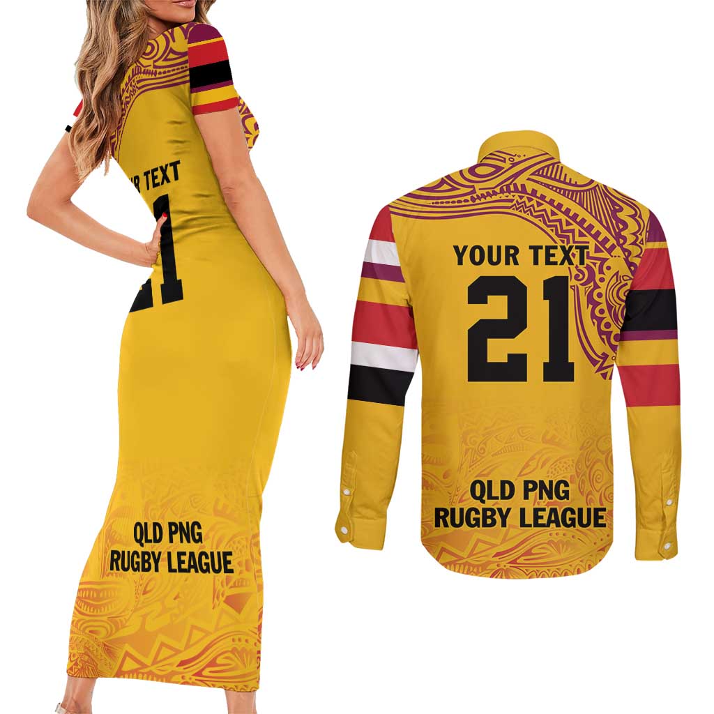 Queensland Papua New Guinea Custom Couples Matching Short Sleeve Bodycon Dress and Long Sleeve Button Shirt All Gold Pacific PNG Tribal Style LT9 - Polynesian Pride