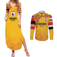 Queensland Papua New Guinea Custom Couples Matching Summer Maxi Dress and Long Sleeve Button Shirt All Gold Pacific PNG Tribal Style LT9 Gold - Polynesian Pride