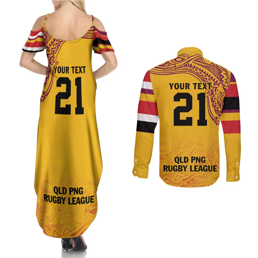 Queensland Papua New Guinea Custom Couples Matching Summer Maxi Dress and Long Sleeve Button Shirt All Gold Pacific PNG Tribal Style LT9 - Polynesian Pride