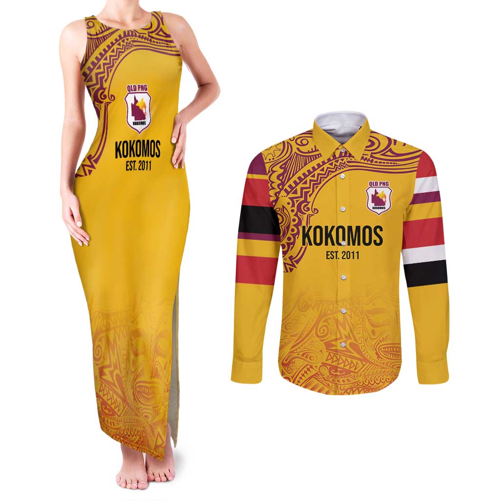 Queensland Papua New Guinea Custom Couples Matching Tank Maxi Dress and Long Sleeve Button Shirt All Gold Pacific PNG Tribal Style LT9 Gold - Polynesian Pride