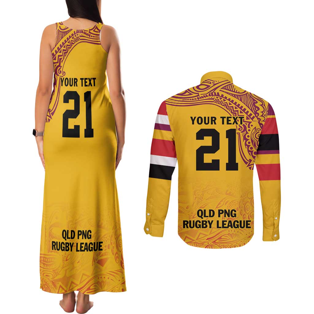 Queensland Papua New Guinea Custom Couples Matching Tank Maxi Dress and Long Sleeve Button Shirt All Gold Pacific PNG Tribal Style LT9 - Polynesian Pride