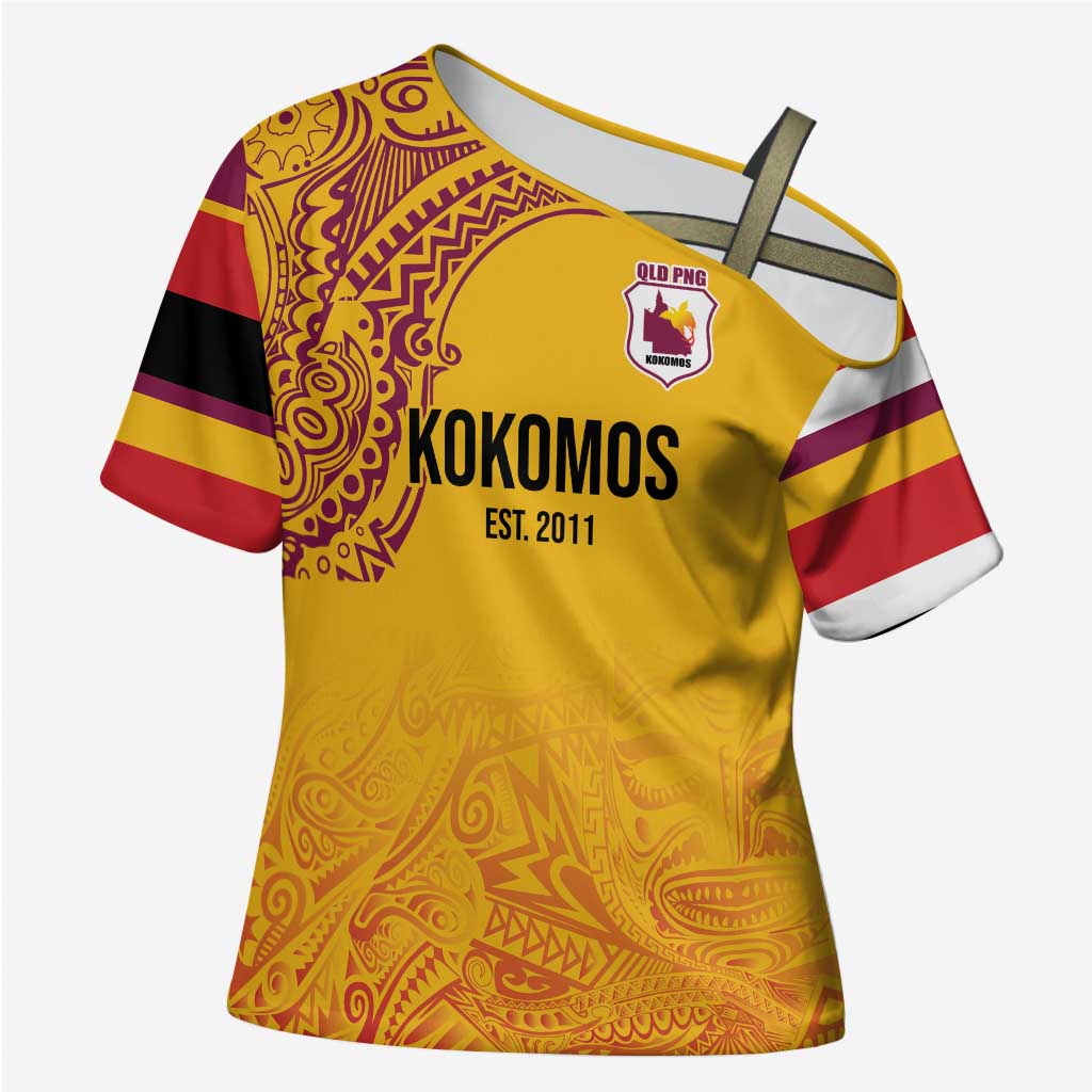 Queensland Papua New Guinea Custom Cross Shoulder Shirt All Gold Pacific PNG Tribal Style LT9 Female Gold - Polynesian Pride