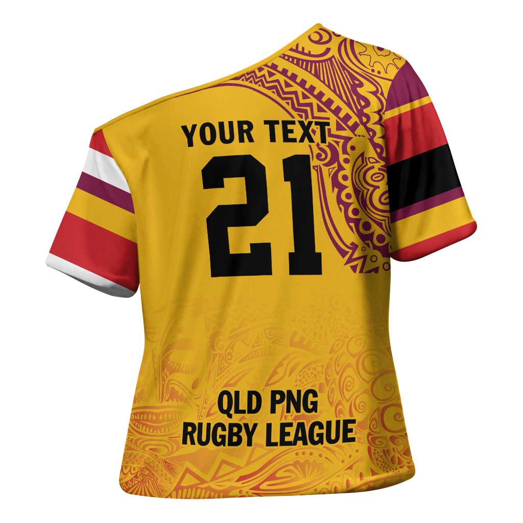 Queensland Papua New Guinea Custom Cross Shoulder Shirt All Gold Pacific PNG Tribal Style LT9 - Polynesian Pride