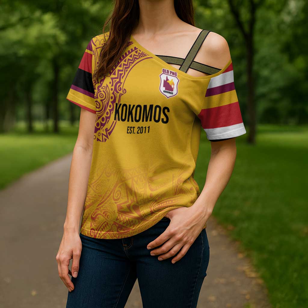 Queensland Papua New Guinea Custom Cross Shoulder Shirt All Gold Pacific PNG Tribal Style LT9 - Polynesian Pride