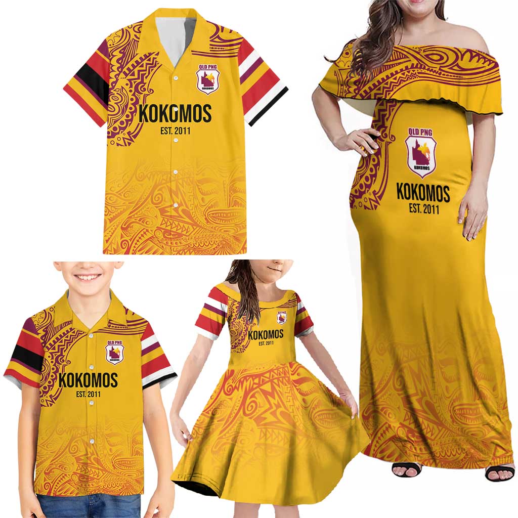 Queensland Papua New Guinea Custom Family Matching Off Shoulder Maxi Dress and Hawaiian Shirt All Gold Pacific PNG Tribal Style LT9 - Polynesian Pride