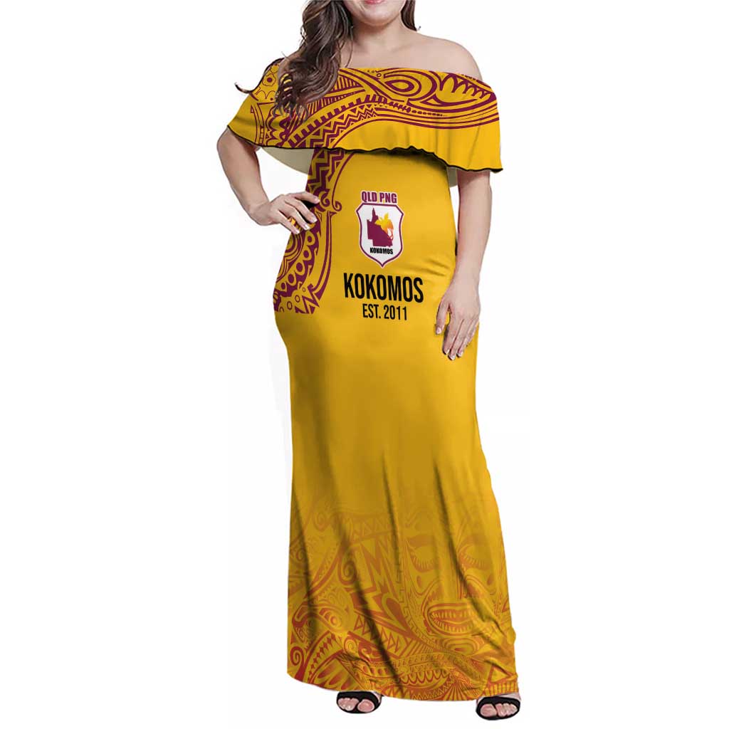 Queensland Papua New Guinea Custom Family Matching Off Shoulder Maxi Dress and Hawaiian Shirt All Gold Pacific PNG Tribal Style LT9 Mom's Dress Gold - Polynesian Pride
