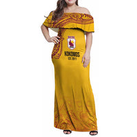 Queensland Papua New Guinea Custom Family Matching Off Shoulder Maxi Dress and Hawaiian Shirt All Gold Pacific PNG Tribal Style LT9 Mom's Dress Gold - Polynesian Pride