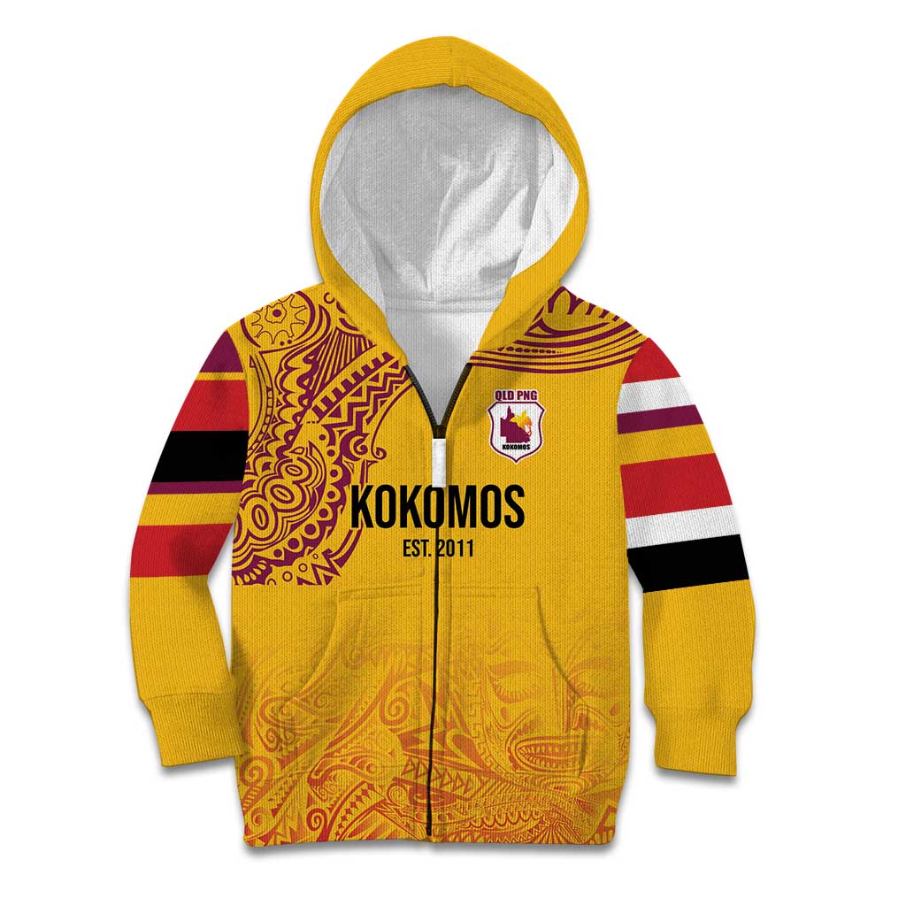 Queensland Papua New Guinea Custom Kid Hoodie All Gold Pacific PNG Tribal Style LT9 Zip Hoodie Gold - Polynesian Pride