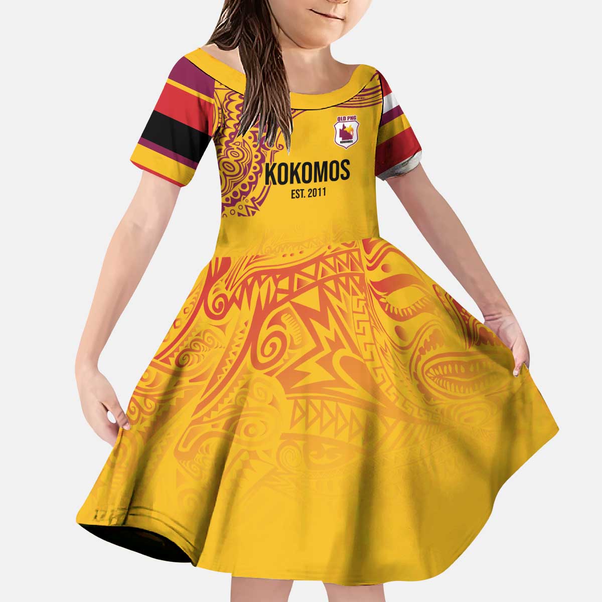 Queensland Papua New Guinea Custom Kid Short Sleeve Dress All Gold Pacific PNG Tribal Style LT9 KID Gold - Polynesian Pride