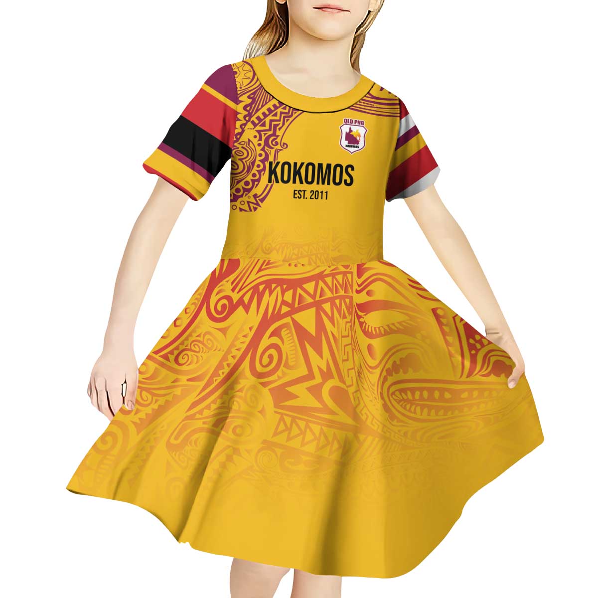 Queensland Papua New Guinea Custom Kid Short Sleeve Dress All Gold Pacific PNG Tribal Style LT9 - Polynesian Pride