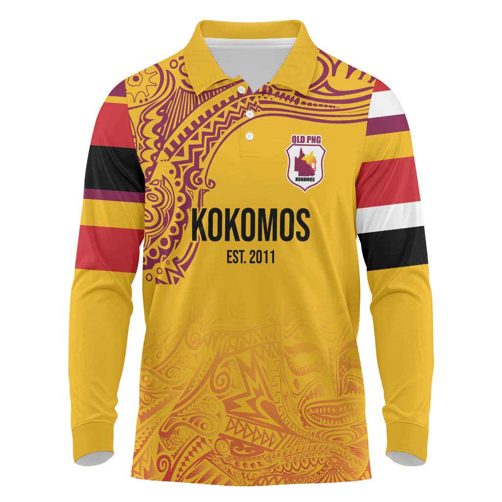 Queensland Papua New Guinea Custom Long Sleeve Polo Shirt All Gold Pacific PNG Tribal Style LT9 Gold - Polynesian Pride