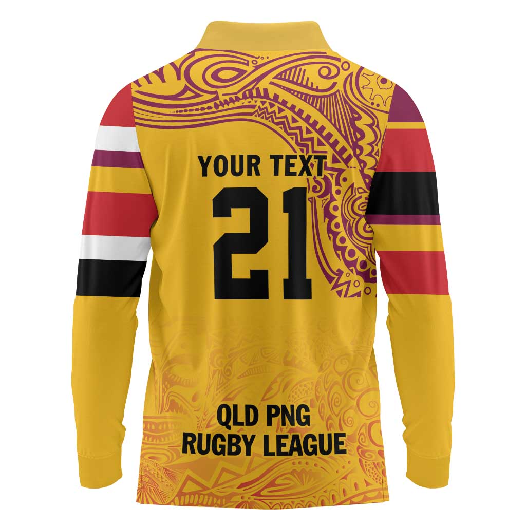 Queensland Papua New Guinea Custom Long Sleeve Polo Shirt All Gold Pacific PNG Tribal Style LT9 - Polynesian Pride
