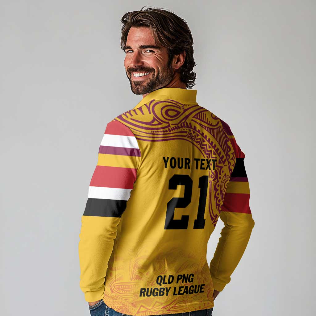Queensland Papua New Guinea Custom Long Sleeve Polo Shirt All Gold Pacific PNG Tribal Style LT9 - Polynesian Pride